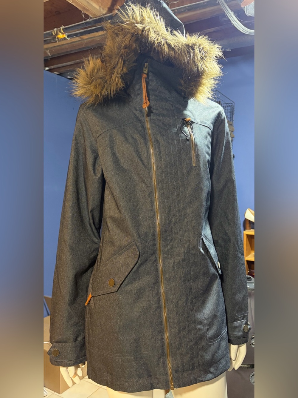 Burton DRYRIDE Women’s M Blue Long Ski/Snowboard Jacket Hood Fur Trim Zip